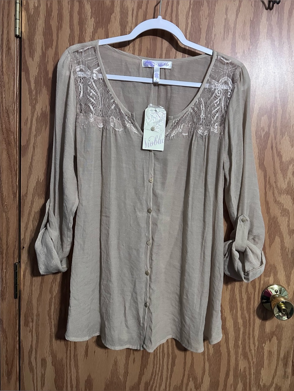 *NWT* Women's Vioblu Lace Yoke Button-Front Blouse in Taupe